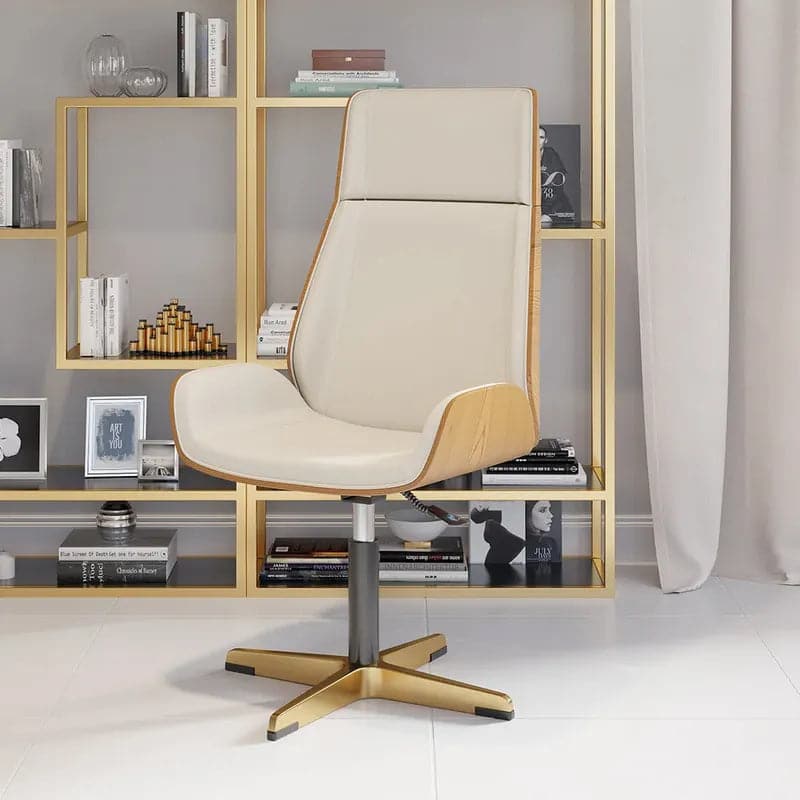 Leather Office Desk Chair High Back Adjustable Swivel Executive Chair in Beige/Black/White & Gold