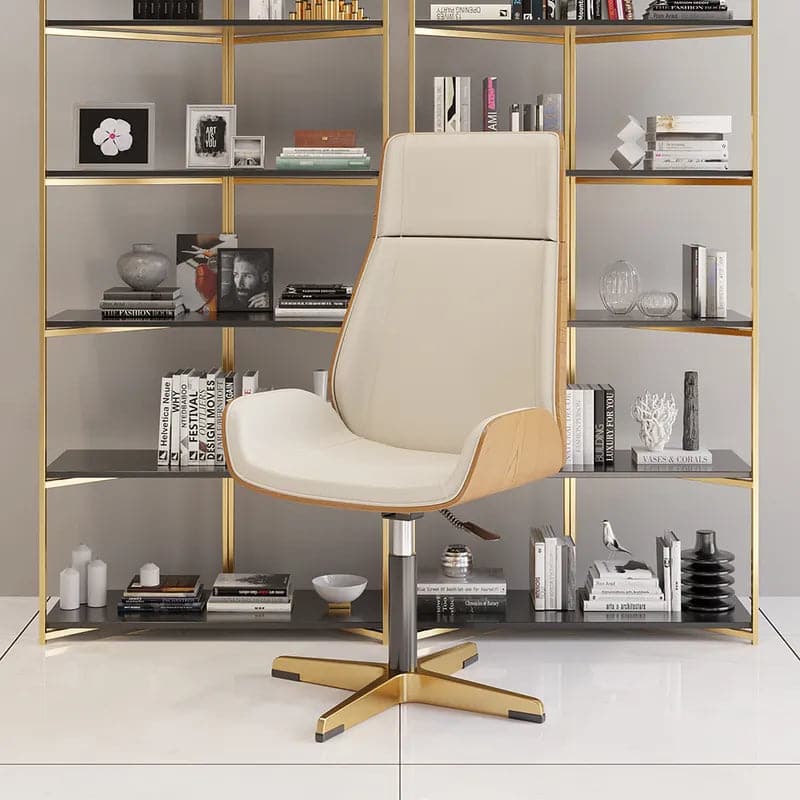Leather Office Desk Chair High Back Adjustable Swivel Executive Chair in Beige/Black/White & Gold