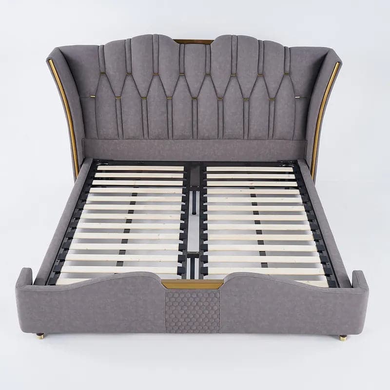 Luxury Light Gray Leath-Aire Queen Bed Upholstered Low Profile Wingback Bed