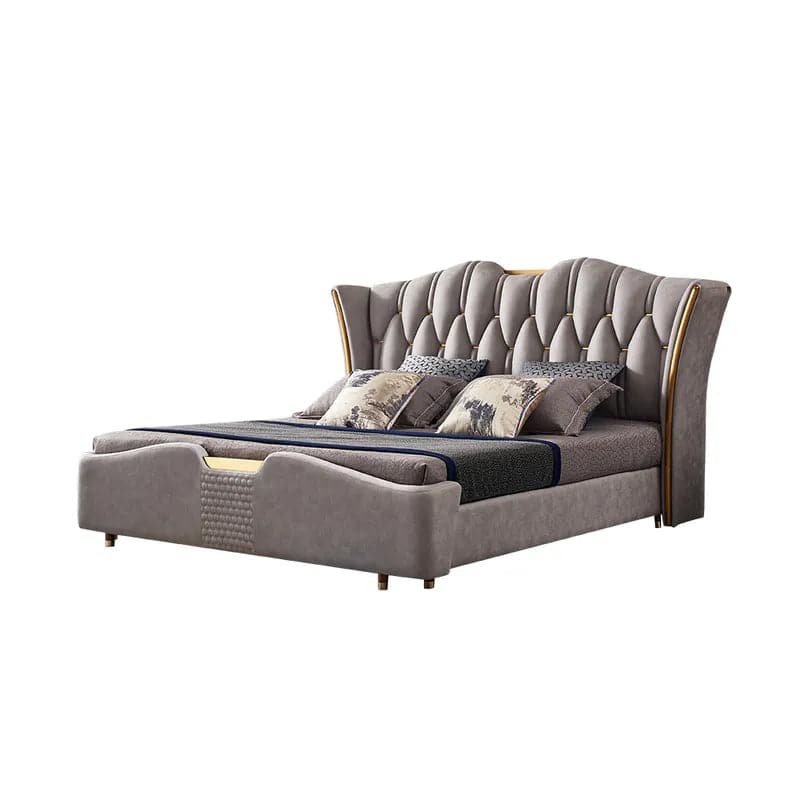 Luxury Light Gray Leath-Aire Queen Bed Upholstered Low Profile Wingback Bed