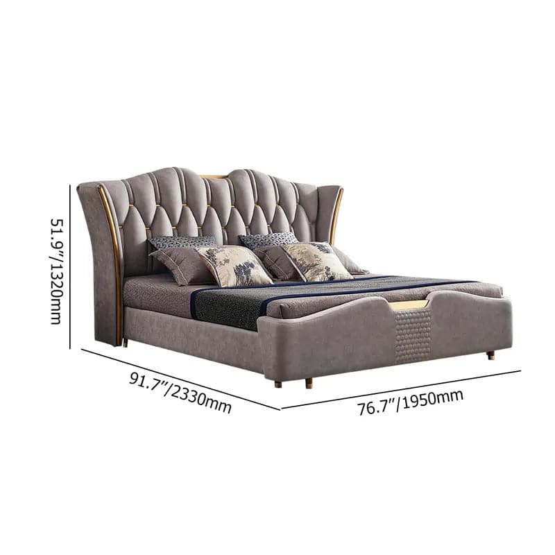 Luxury Light Gray Leath-Aire Queen Bed Upholstered Low Profile Wingback Bed