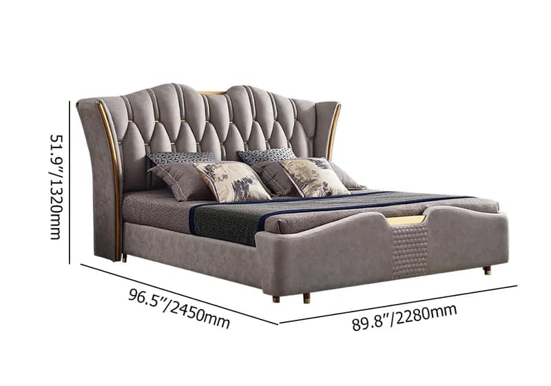 Luxury Light Gray Leath-Aire Queen Bed Upholstered Low Profile Wingback Bed