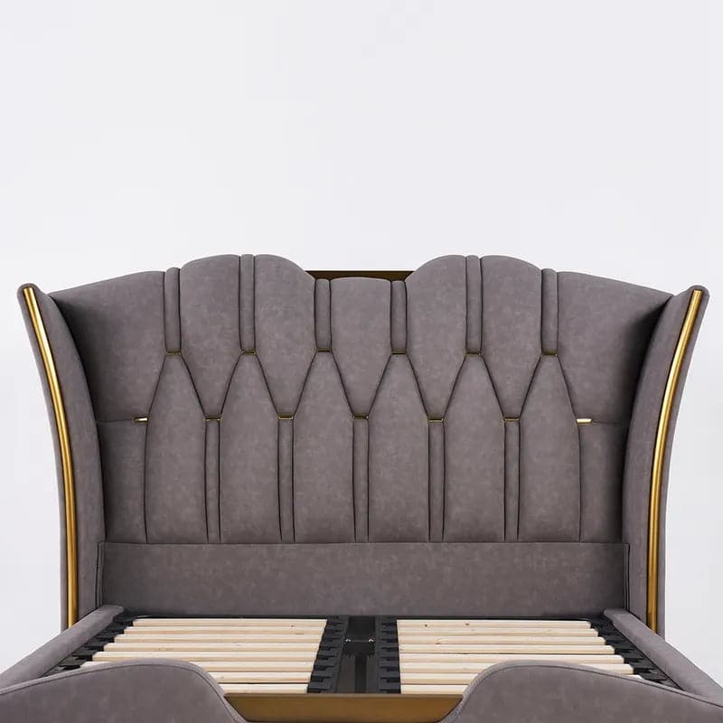 Luxury Light Gray Leath-Aire Queen Bed Upholstered Low Profile Wingback Bed