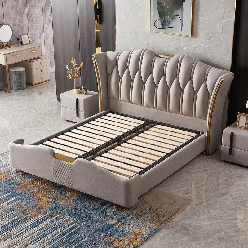 Luxury Light Gray Leath-Aire Queen Bed Upholstered Low Profile Wingback Bed