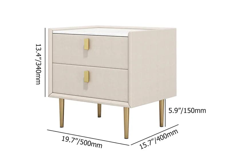 Table de chevet moderne en cuir PU à 2 tiroirs, avec pieds en métal doré
