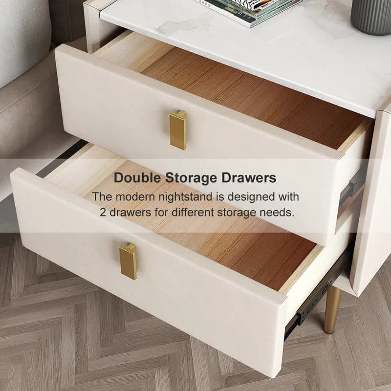 Table de chevet moderne en cuir PU à 2 tiroirs, avec pieds en métal doré