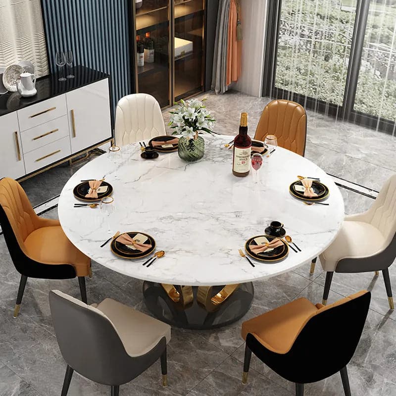 Table de salle à manger ronde blanche moderne de 53 pouces pour 6 personnes, plateau en faux marbre, piédestal doré et noir