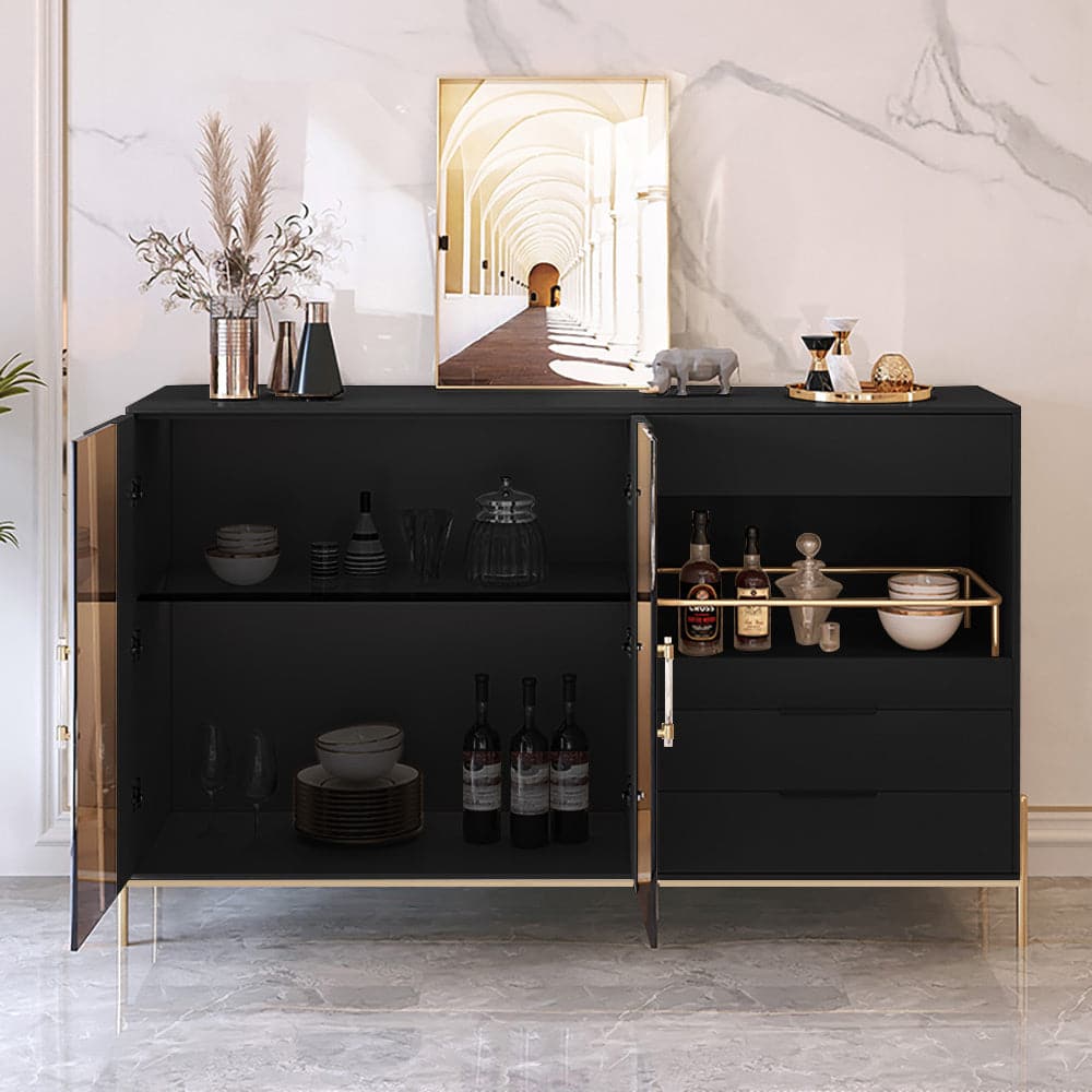 Modern 55.1 Light Khaki Sideboard Buffet Tempered Glass Doors & Shelf Tray Wine Rack#Black