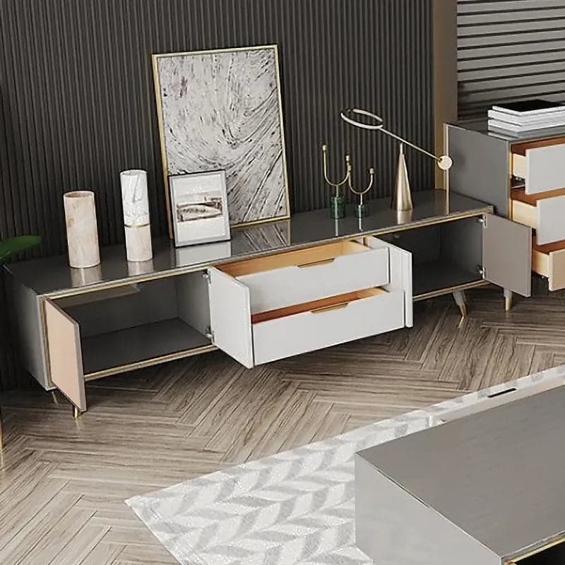 Meuble TV moderne de 79 pouces, console TV avec tiroirs, console multimédia avec portes