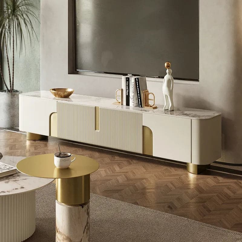 Meuble TV moderne beige avec dessus en pierre 4 portes avec console multimédia de rangement pour téléviseurs jusqu'à 85"