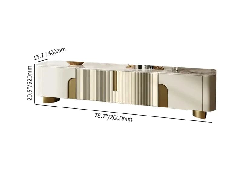 Meuble TV moderne beige avec dessus en pierre 4 portes avec console multimédia de rangement pour téléviseurs jusqu'à 85"