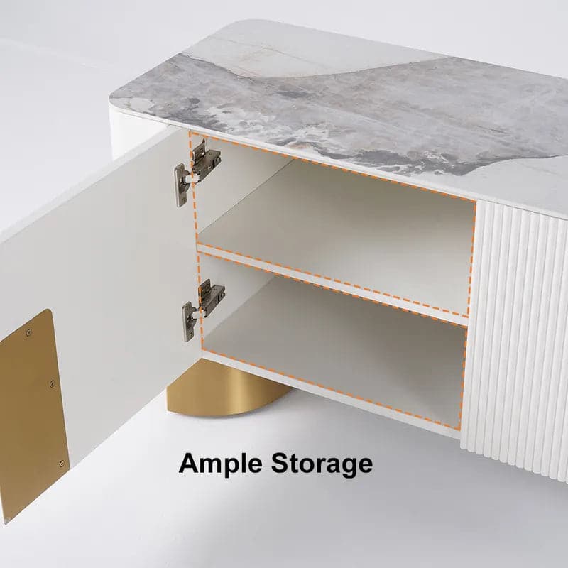 Meuble TV moderne beige avec dessus en pierre 4 portes avec console multimédia de rangement pour téléviseurs jusqu'à 85"