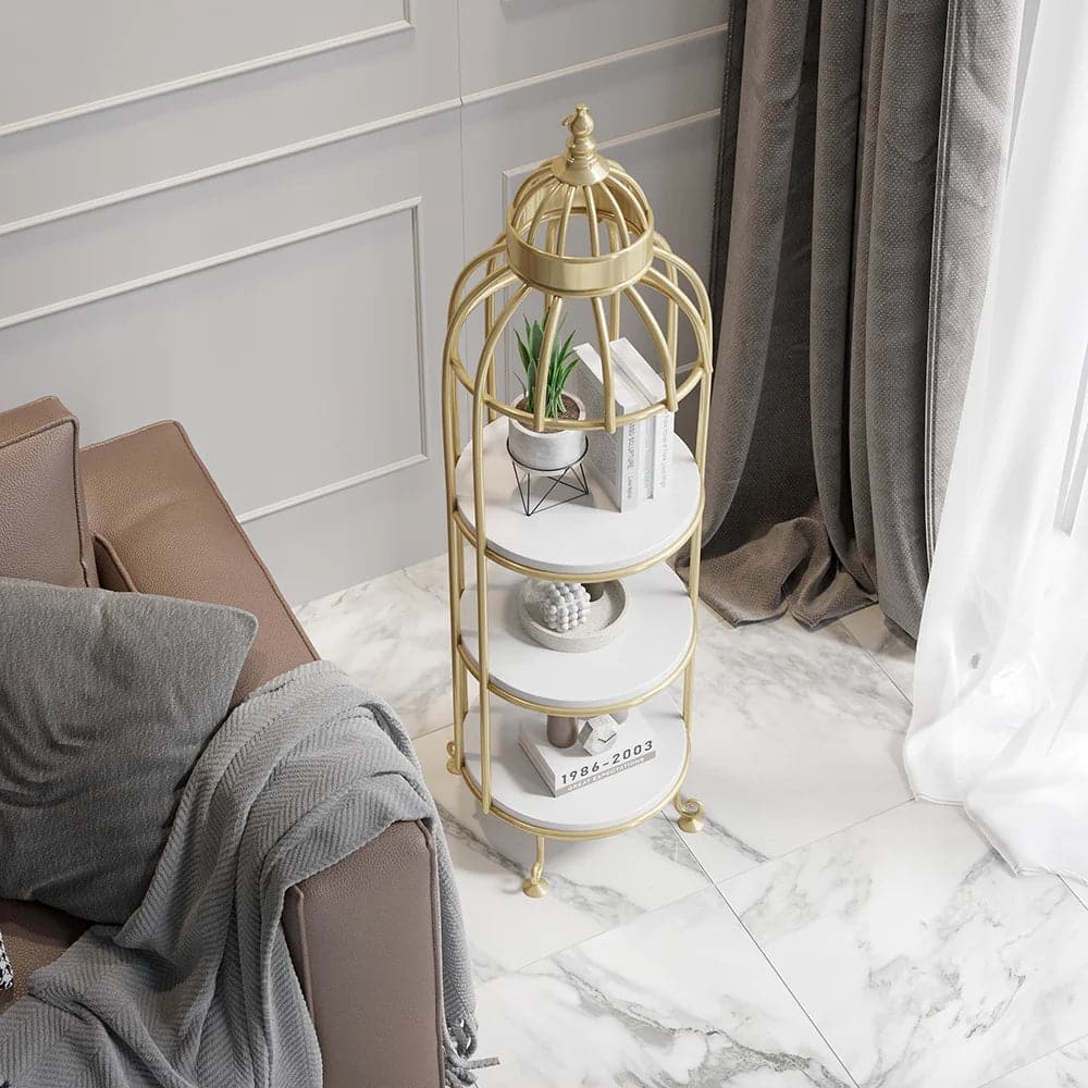 Support de fleurs en forme de Cage à oiseaux moderne, tour de rangement pour salle de bains, bibliothèque dorée