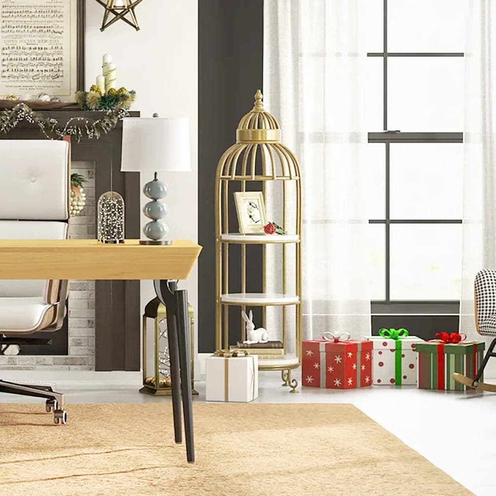 Support de fleurs en forme de Cage à oiseaux moderne, tour de rangement pour salle de bains, bibliothèque dorée