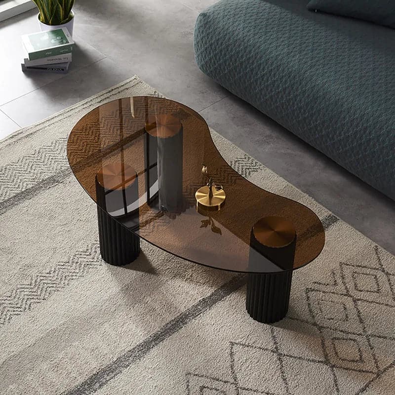 Table basse noire moderne avec verre trempé et pieds en bois massif 