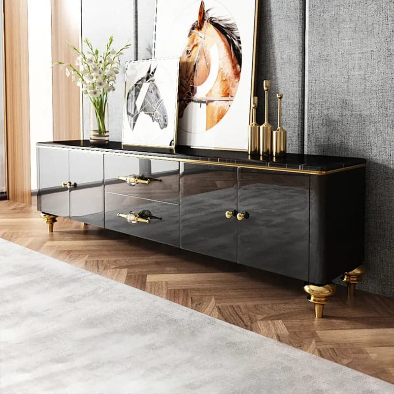 Meuble TV moderne noir, 4 portes, 2 tiroirs, console multimédia luxueuse pour téléviseurs jusqu'à 85"