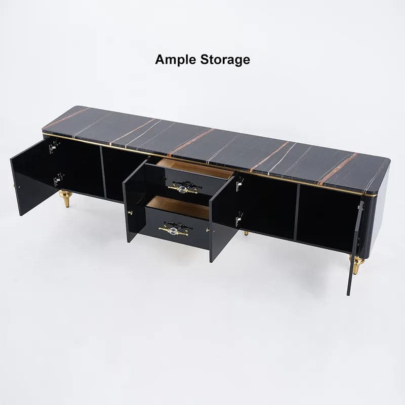 Meuble TV moderne noir, 4 portes, 2 tiroirs, console multimédia luxueuse pour téléviseurs jusqu'à 85"