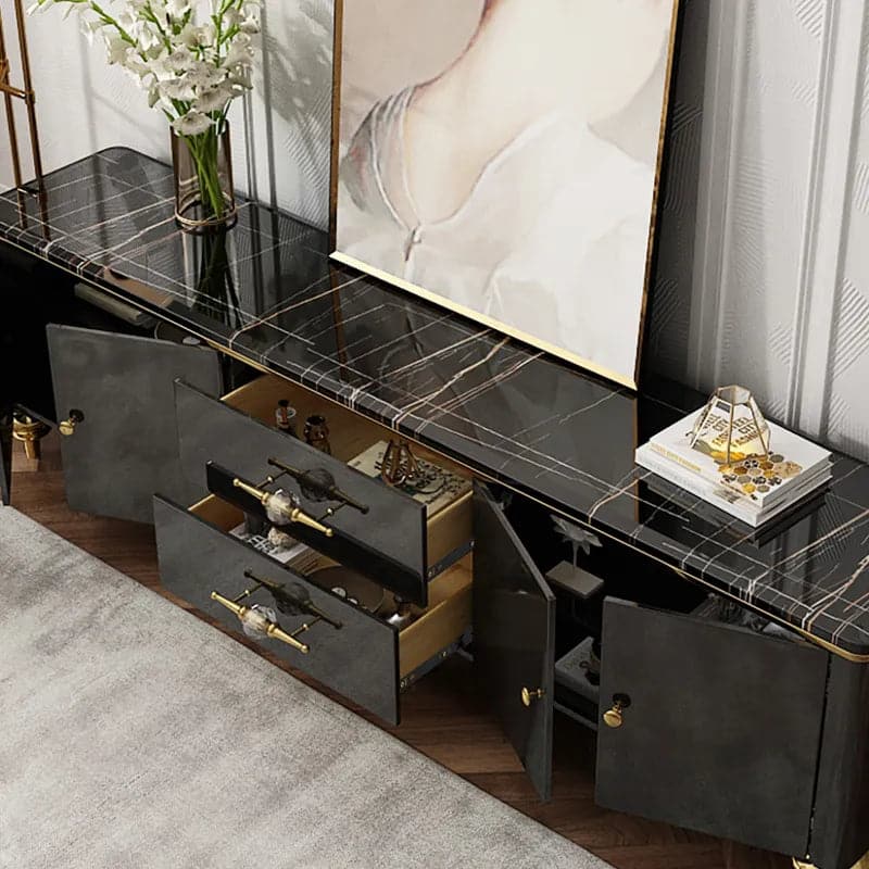 Meuble TV moderne noir, 4 portes, 2 tiroirs, console multimédia luxueuse pour téléviseurs jusqu'à 85"