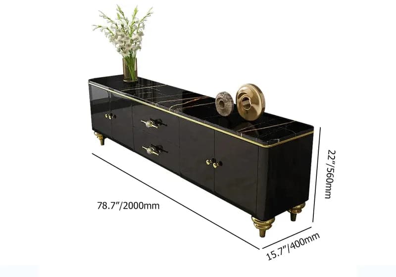 Meuble TV moderne noir, 4 portes, 2 tiroirs, console multimédia luxueuse pour téléviseurs jusqu'à 85"