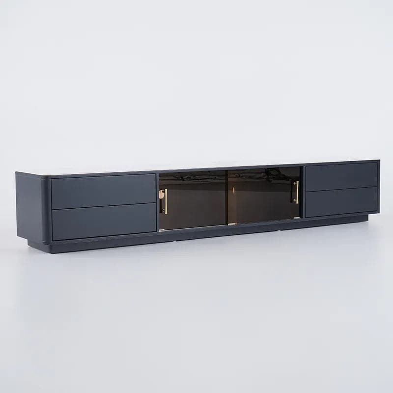 Modern Black TV Stand Sintered Stone Top 4-Drawer Glass Doors Media Console in Large