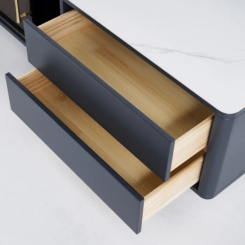 Modern Black TV Stand Sintered Stone Top 4-Drawer Glass Doors Media Console in Large