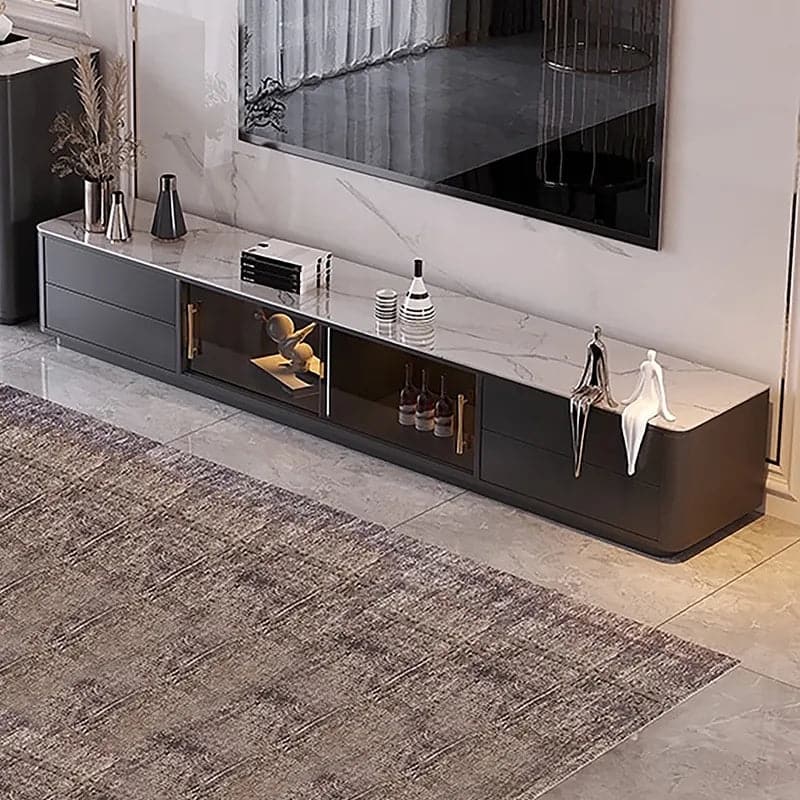 Modern Black TV Stand Sintered Stone Top 4-Drawer Glass Doors Media Console in Large