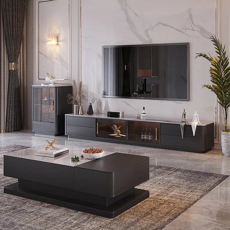 Modern Black TV Stand Sintered Stone Top 4-Drawer Glass Doors Media Console in Large