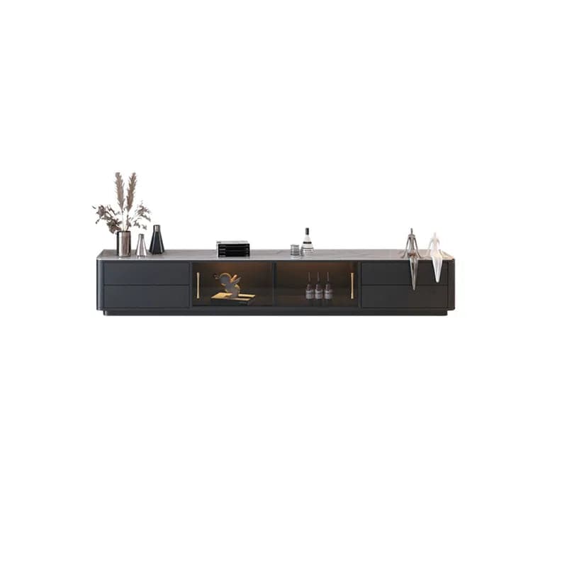 Modern Black TV Stand Sintered Stone Top 4-Drawer Glass Doors Media Console in Large