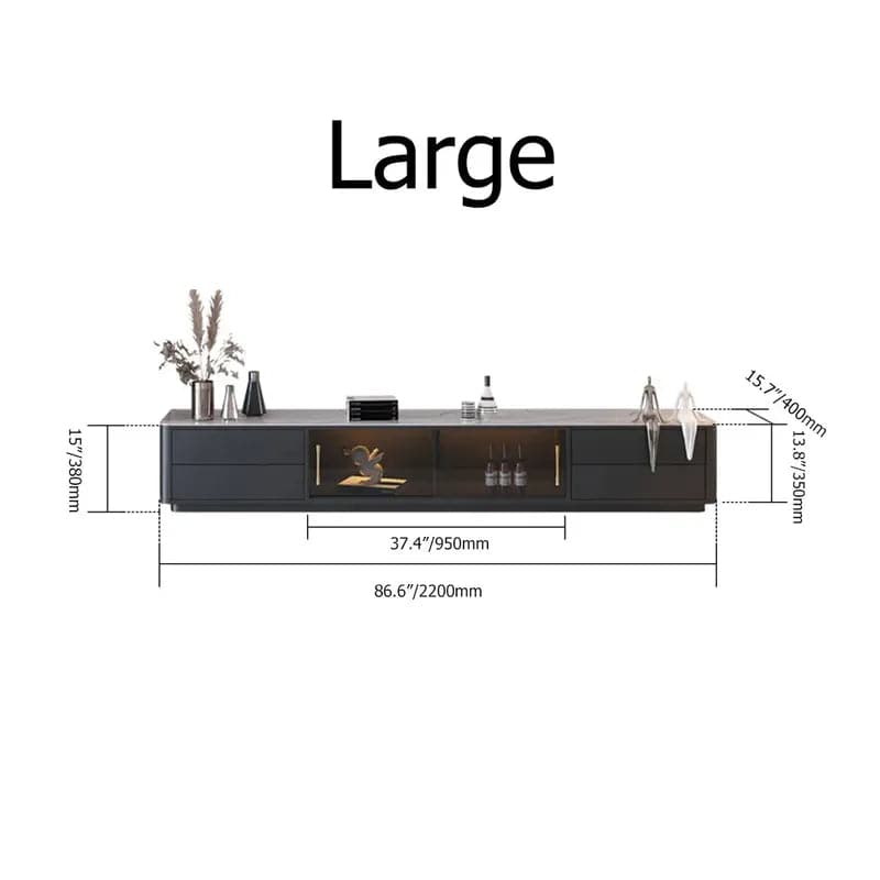 Modern Black TV Stand Sintered Stone Top 4-Drawer Glass Doors Media Console in Large
