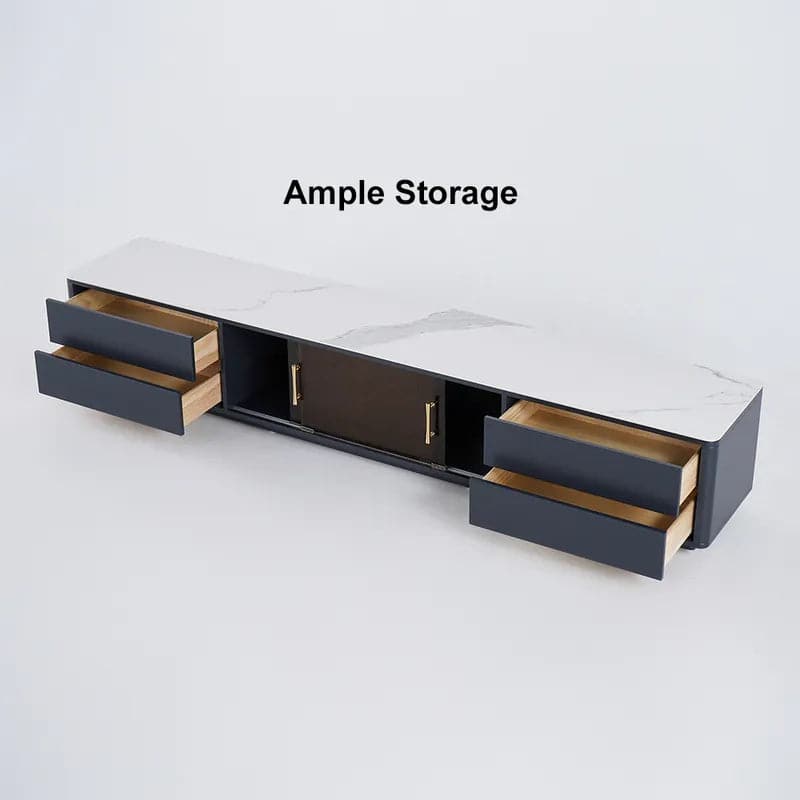 Modern Black TV Stand Sintered Stone Top 4-Drawer Glass Doors Media Console in Large