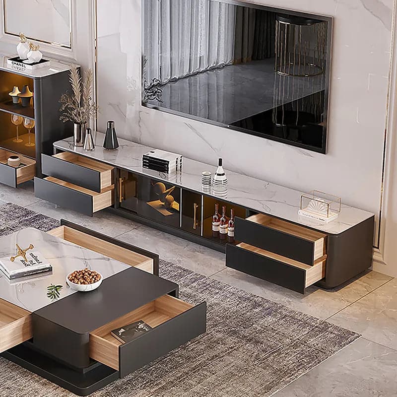 Modern Black TV Stand Sintered Stone Top 4-Drawer Glass Doors Media Console in Large