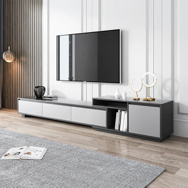 Meuble TV moderne rétractable et extensible en bois noir avec 3 tiroirs jusqu'à 120"