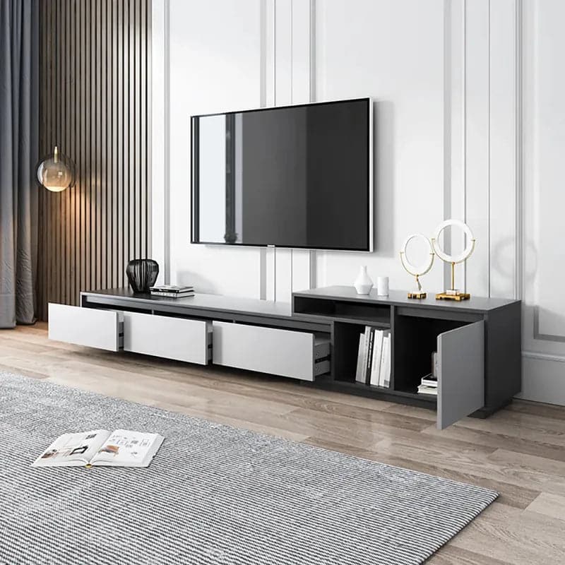 Meuble TV moderne rétractable et extensible en bois noir avec 3 tiroirs jusqu'à 120"