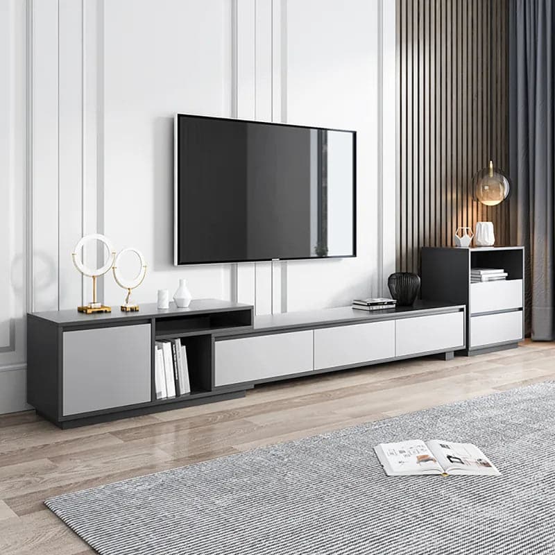 Meuble TV moderne rétractable et extensible en bois noir avec 3 tiroirs jusqu'à 120"