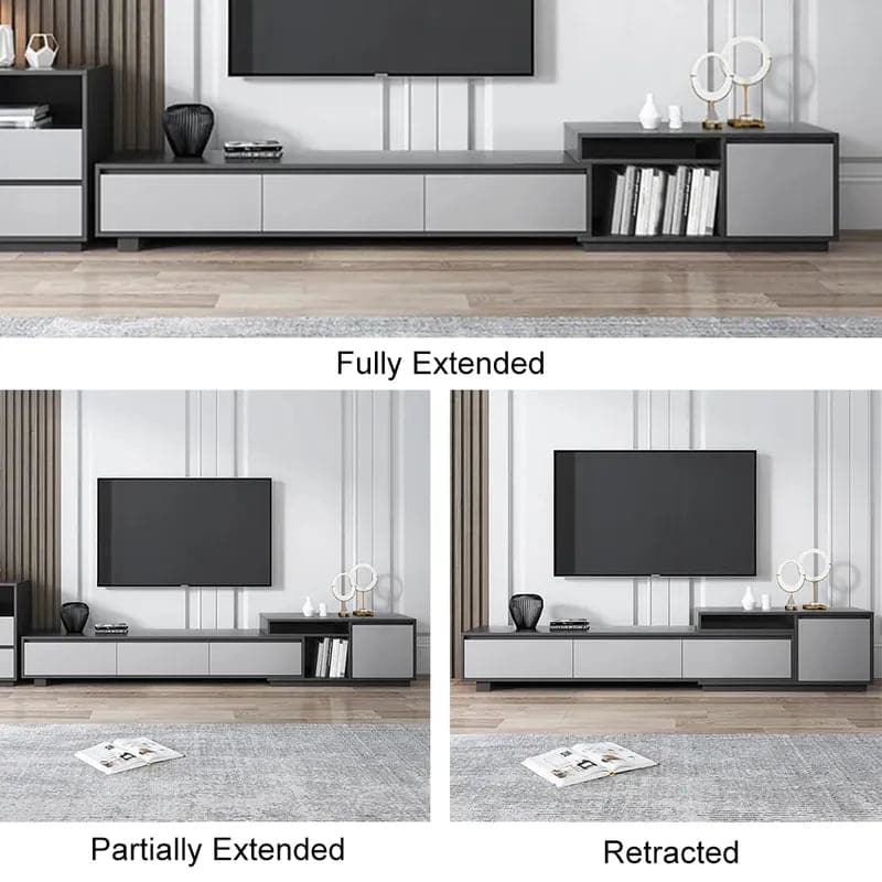Meuble TV moderne rétractable et extensible en bois noir avec 3 tiroirs jusqu'à 120"
