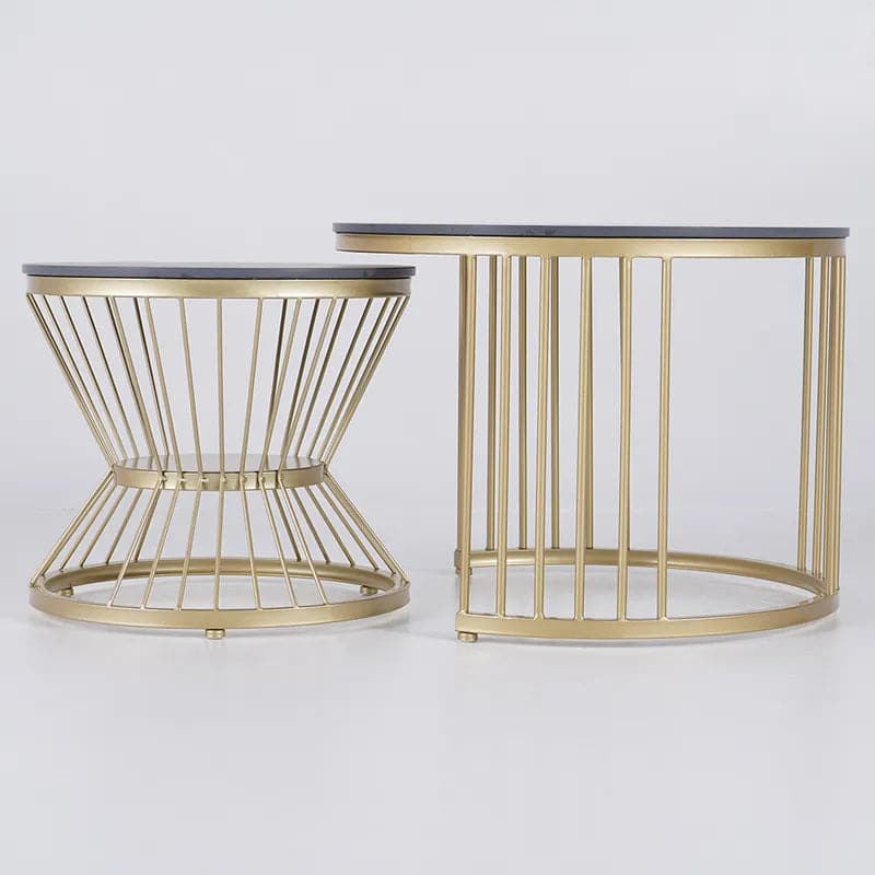 Ensemble de tables basses gigognes modernes noires et dorées avec plateau en pierre frittée, 2 pièces