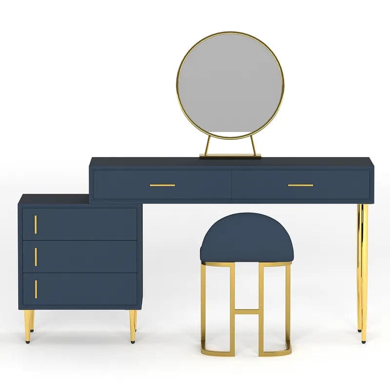 Modern Blue Makeup Vanity Set Retracted Dressing Table Cabinet&Stool&Mirror Included