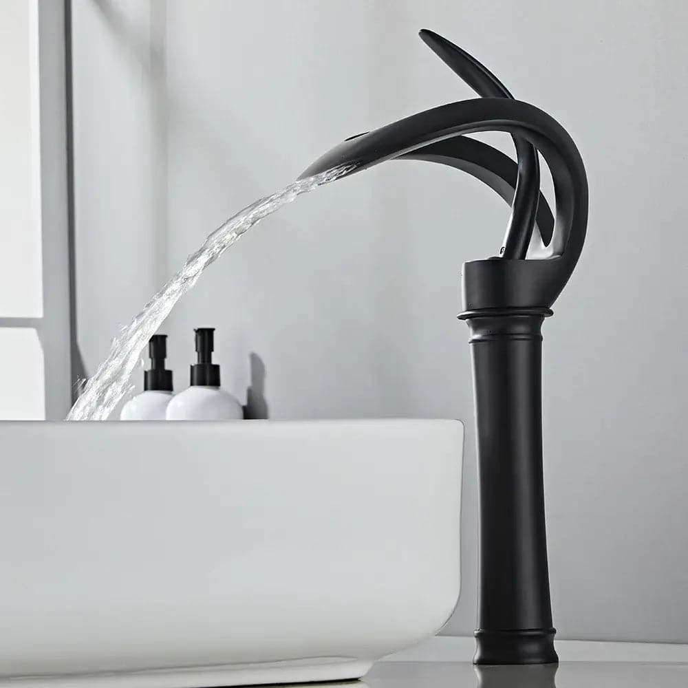 Modern Elegant Waterfall Bathroom Vessel Sink Faucet Single Handle Solid Brass in Black