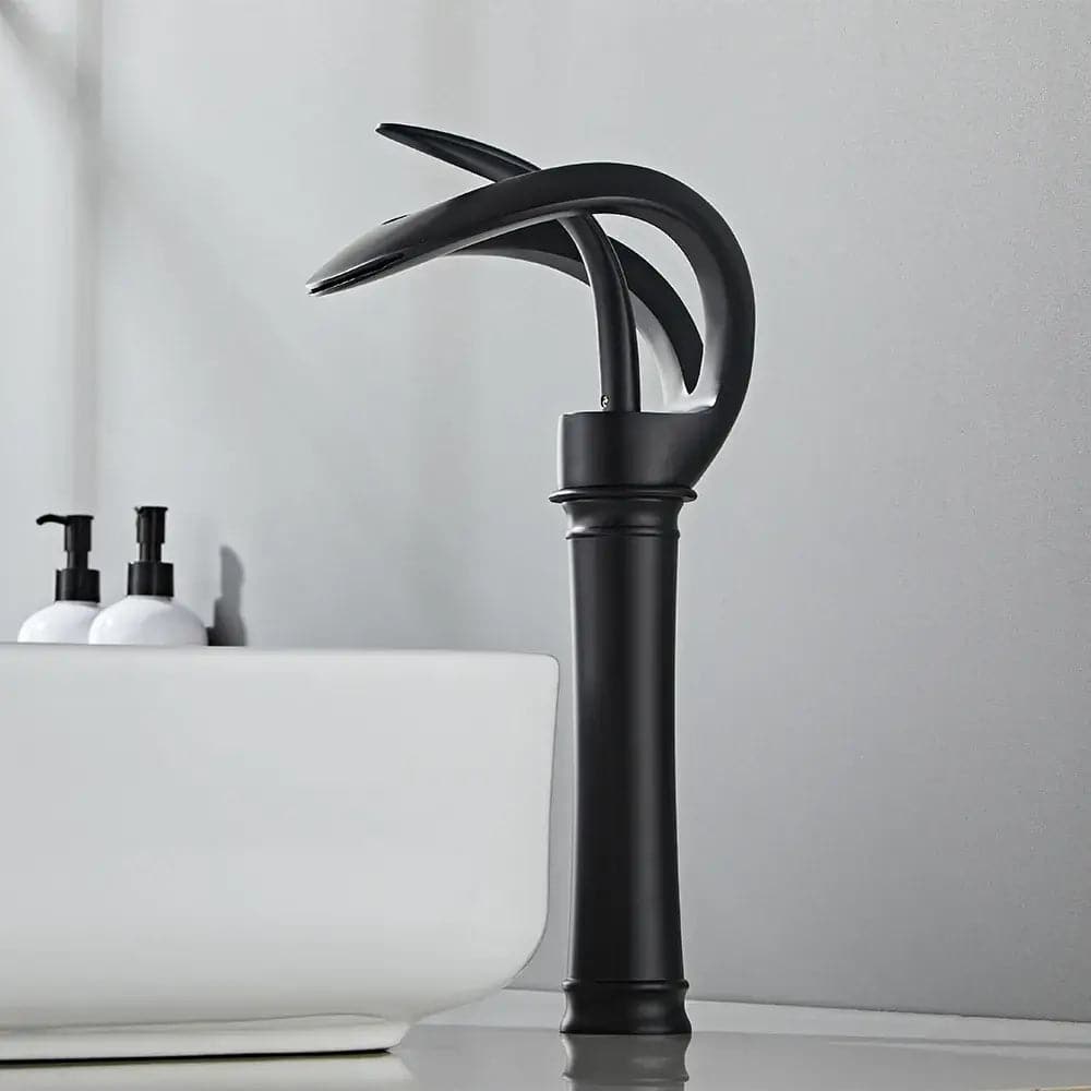 Modern Elegant Waterfall Bathroom Vessel Sink Faucet Single Handle Solid Brass in Black