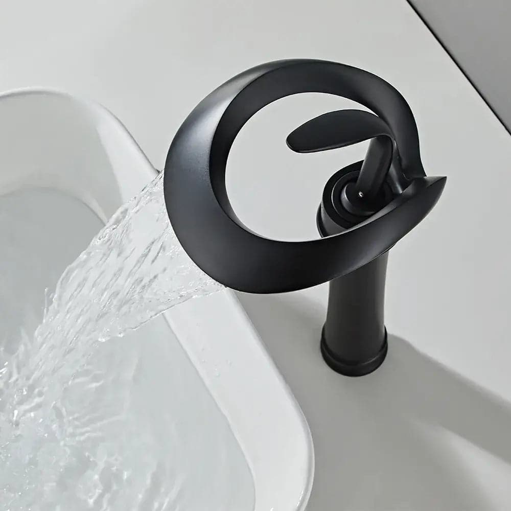 Modern Elegant Waterfall Bathroom Vessel Sink Faucet Single Handle Solid Brass in Black