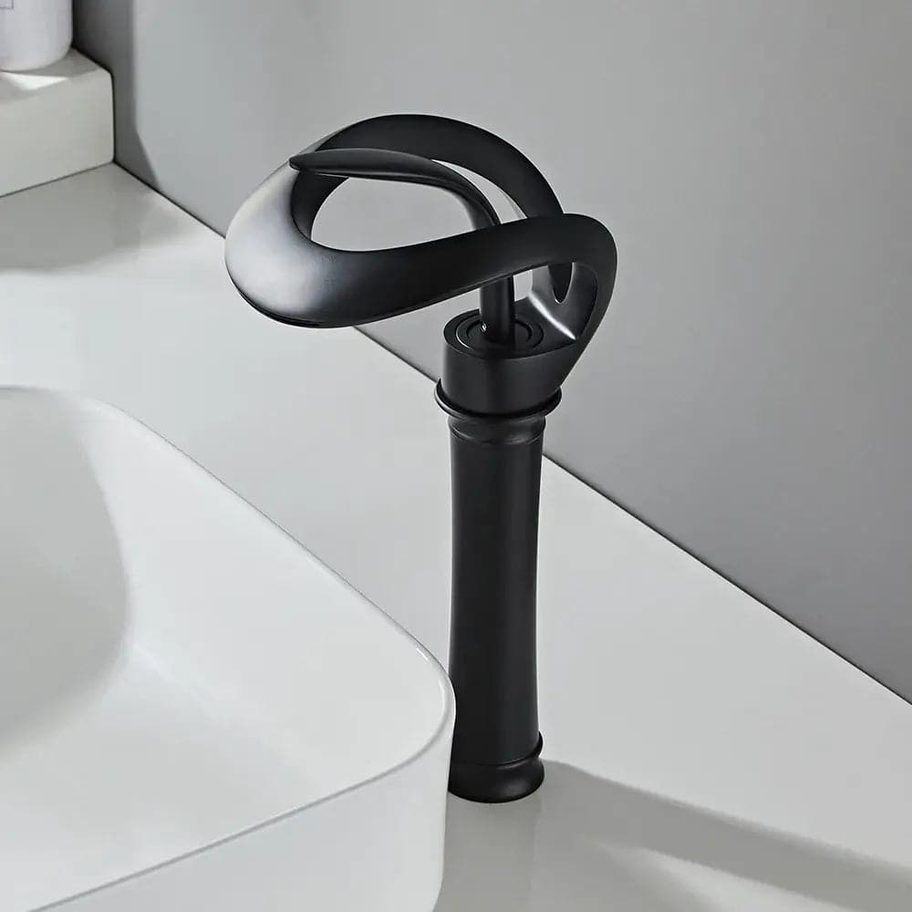 Modern Elegant Waterfall Bathroom Vessel Sink Faucet Single Handle Solid Brass in Black