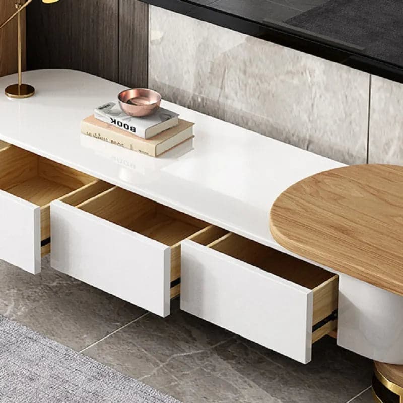 Modern Extending TV Stand with Storage Oval White and Natural Media Console#White & Natural