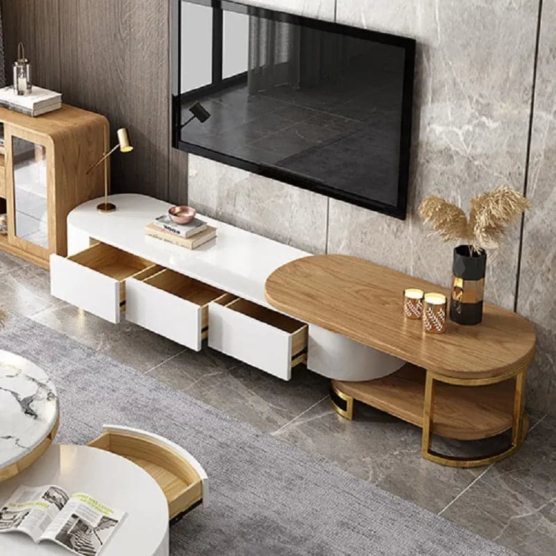 Modern Extending TV Stand with Storage Oval White and Natural Media Console#White & Natural