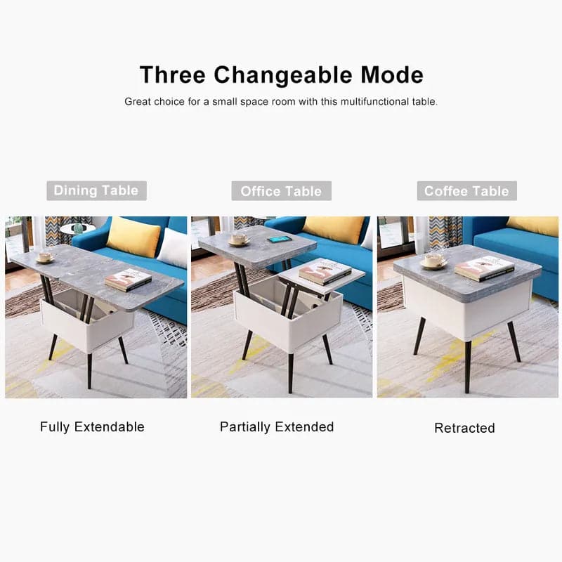 Table basse moderne grise à plateau relevable avec plateau de rangement en MDF et base en acier au carbone extensible