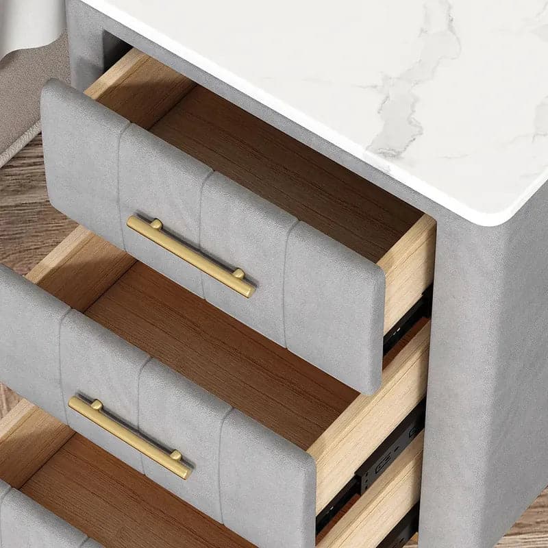 Table de chevet moderne en velours gris, 3 tiroirs, plateau en pierre frittée