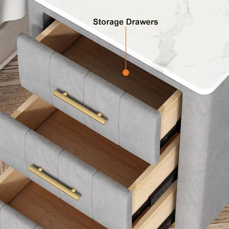 Table de chevet moderne en velours gris, 3 tiroirs, plateau en pierre frittée