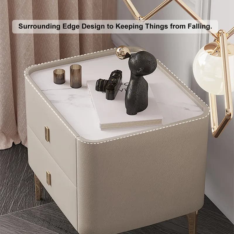 Table de chevet moderne blanc cassé à 2 tiroirs avec plateau en pierre frittée