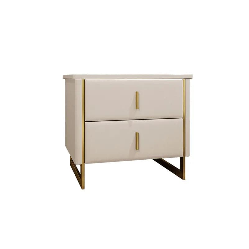Table de chevet moderne blanc cassé à 2 tiroirs en simili cuir doré