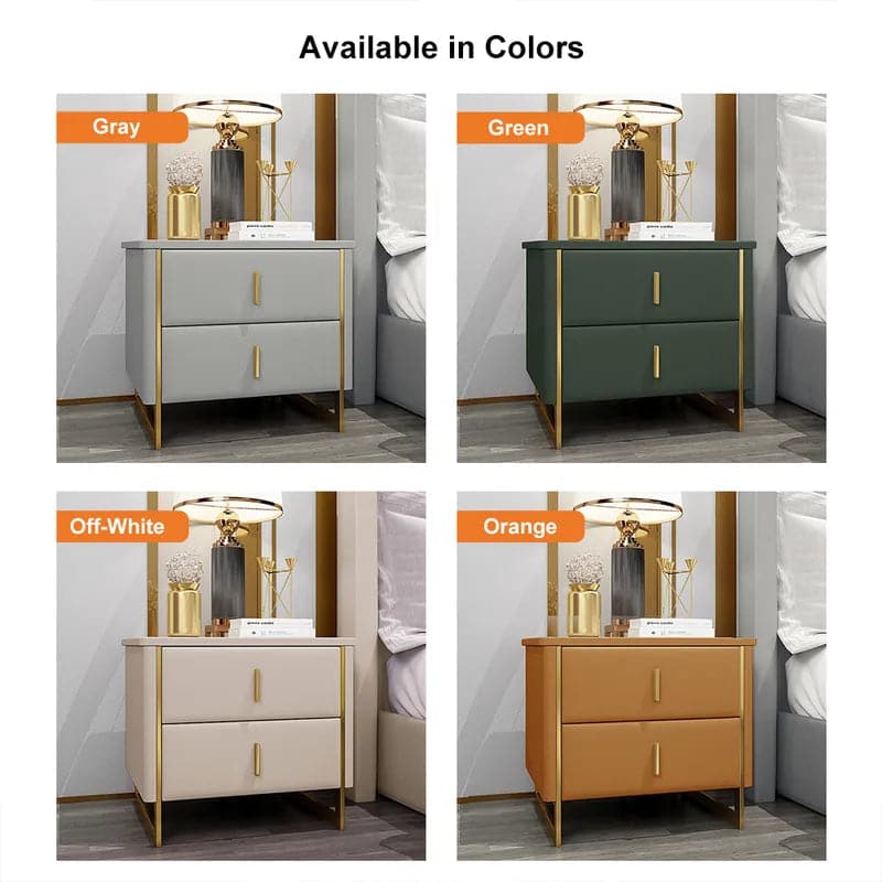 Table de chevet moderne blanc cassé à 2 tiroirs en simili cuir doré