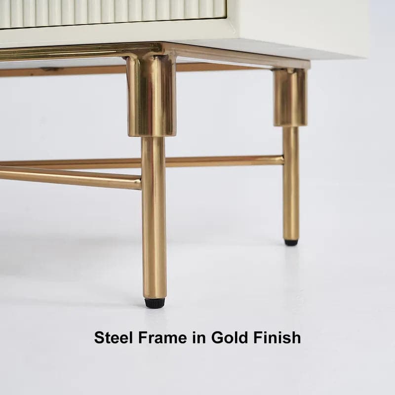 Meuble TV moderne blanc cassé, console multimédia rectangulaire pour téléviseurs de 85 pouces avec 4 tiroirs et portes